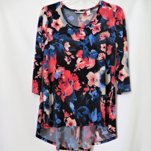 Susan Graver Silky Soft Navy Floral High Low Top - Picture 1 of 6